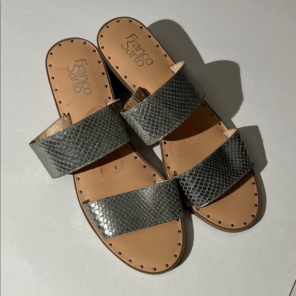 Franco Sarto Kiki sandals metallic pewter snakeskin studded shoes flats sz 9.5